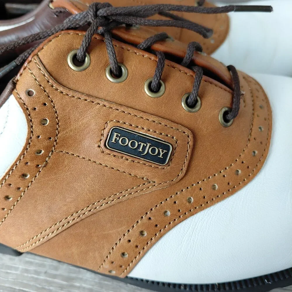 Footjoy Dryjoy Golf Shoes Men 9 White Brown Leather Saddle Waterproof Soft Spike